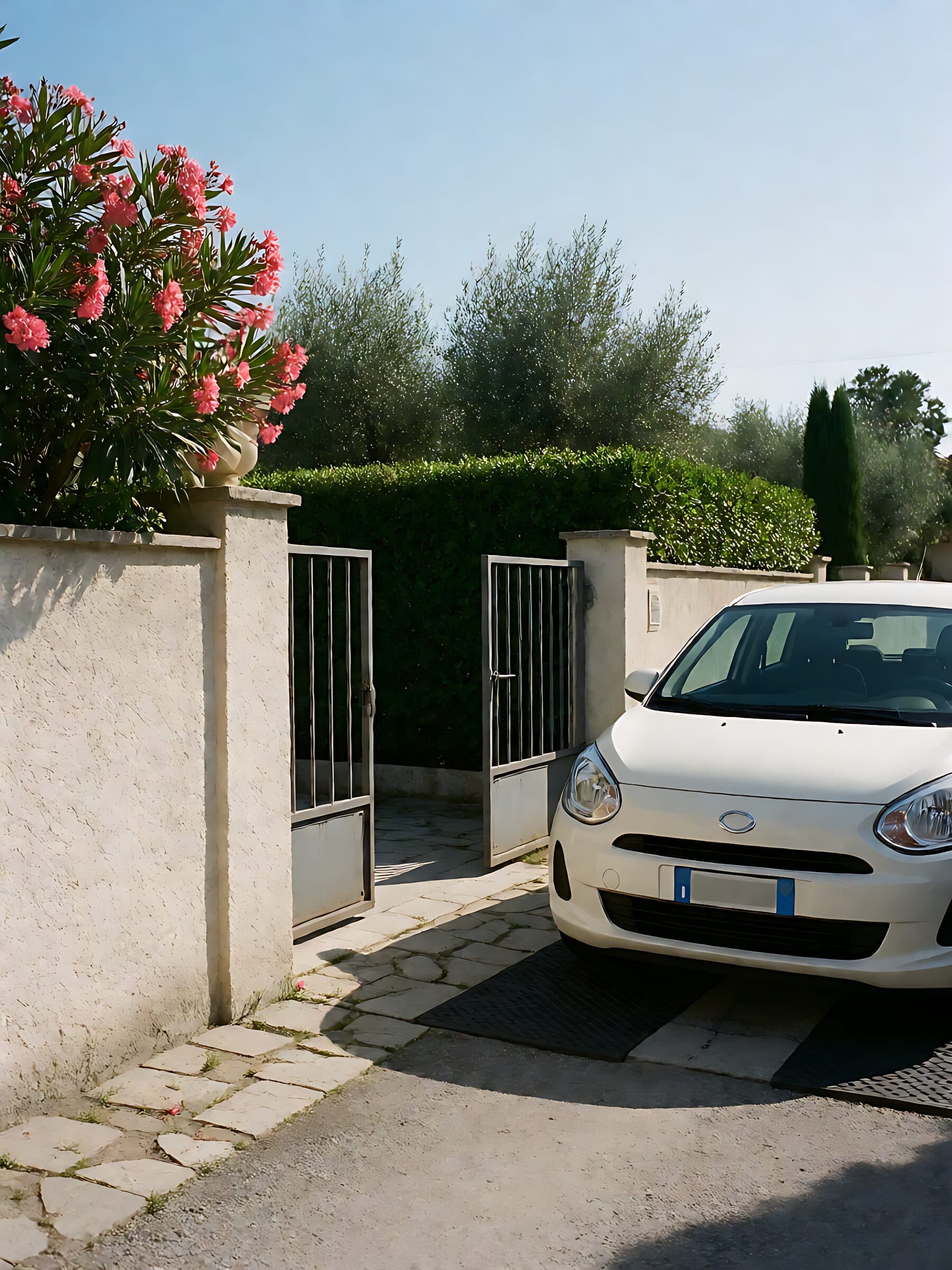 Un'auto bianca parcheggiata oltre un cancello aperto, tra oleandri in fiore e ulivi