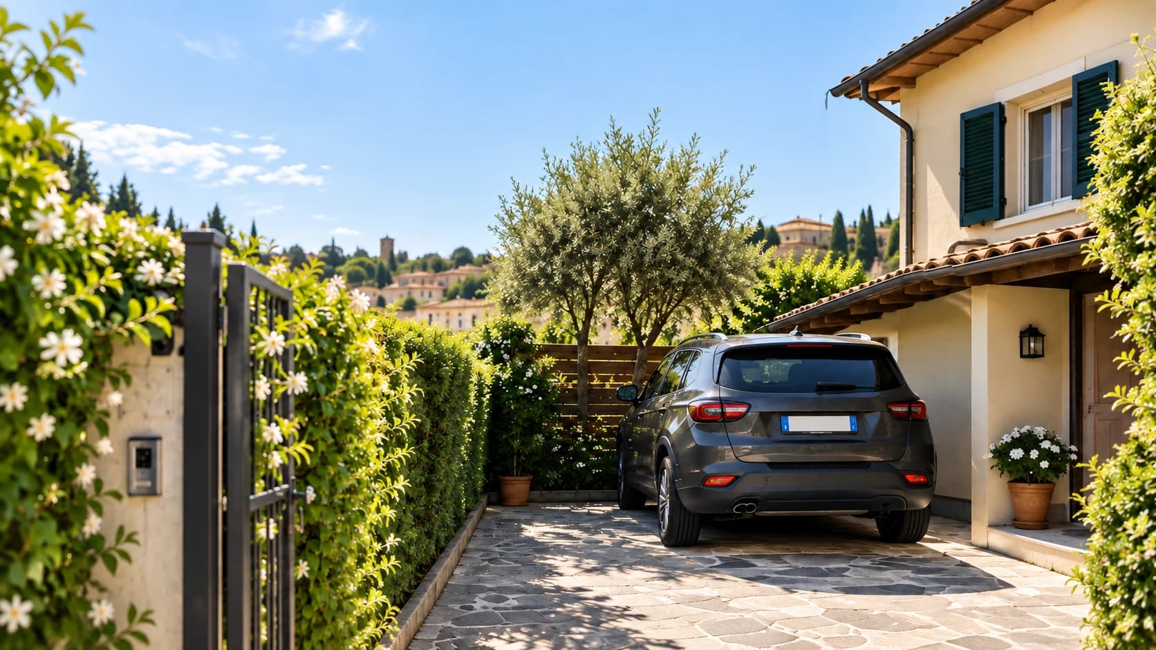 Un SUV grigio visto da dietro, parcheggiato accanto al garage di una casa con persiane verdi, oltre un cancello aperto tra siepi in fiore
