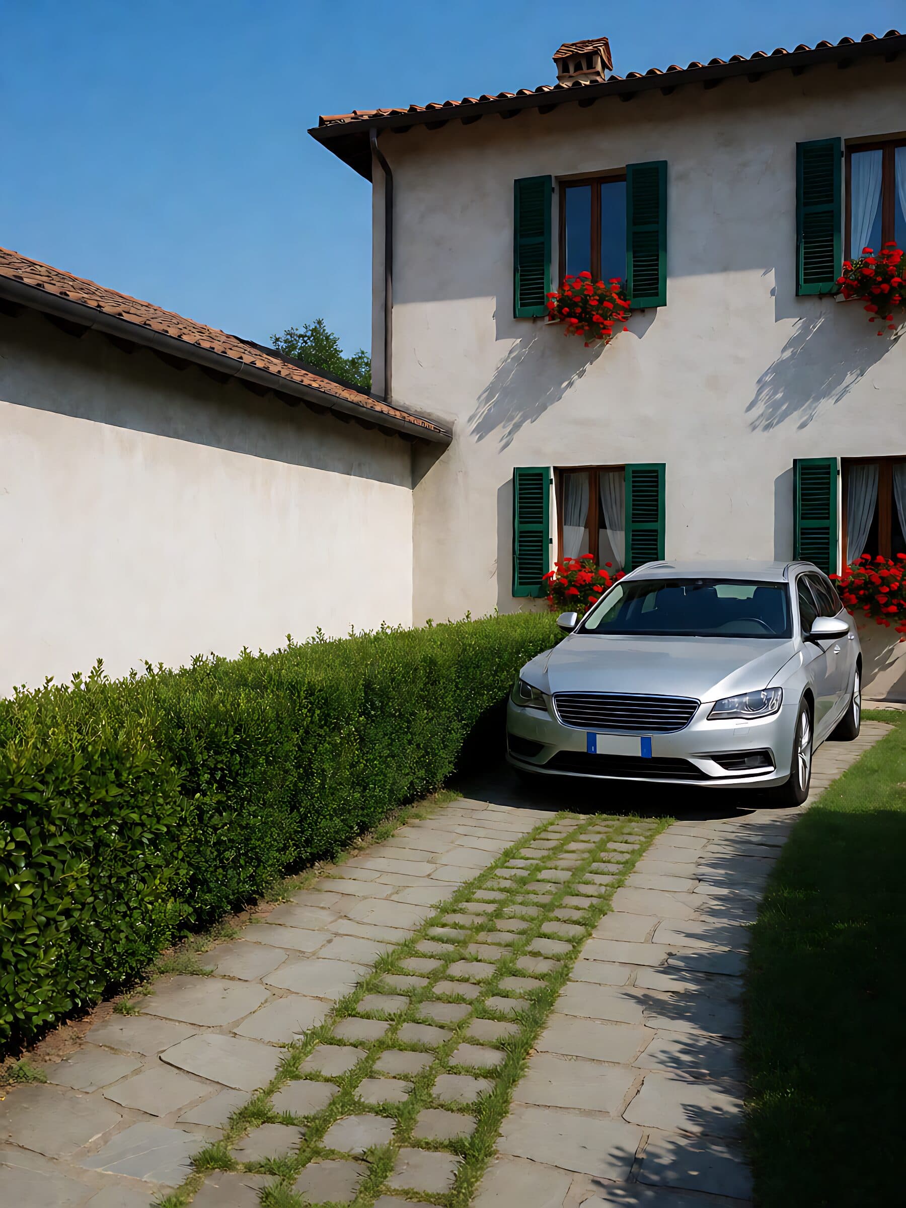 Un'auto chiara parcheggiata sul vialetto in pietra di una casa con le persiane verdi, in una mattina di sole